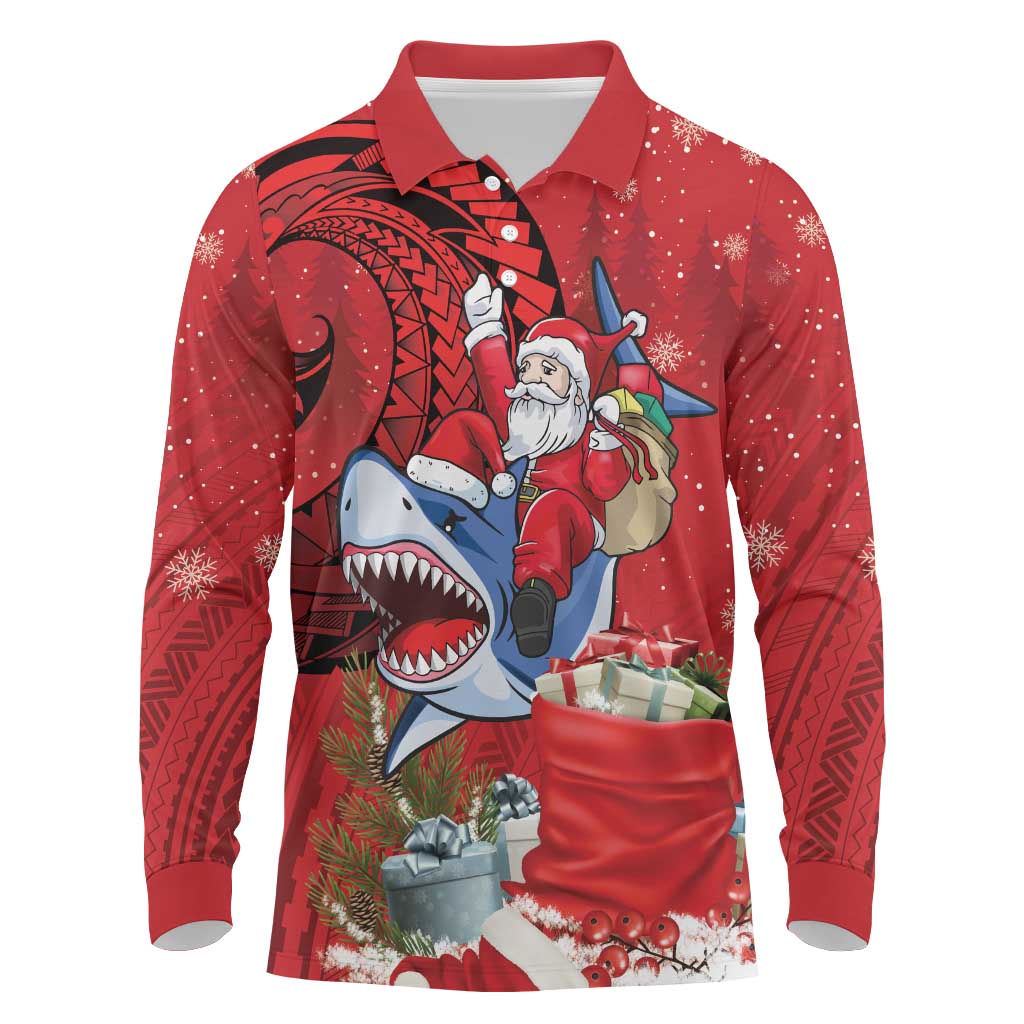 Funny Santa Riding Shark Long Sleeve Polo Shirt Polynesian Tribal Christmas Spirit LT9 Red - Polynesian Pride