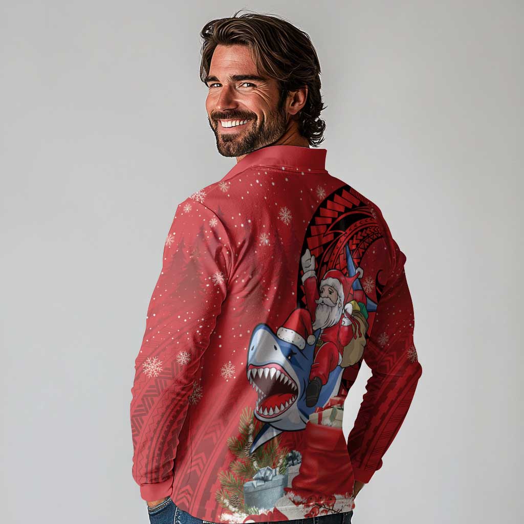 Funny Santa Riding Shark Long Sleeve Polo Shirt Polynesian Tribal Christmas Spirit LT9 - Polynesian Pride