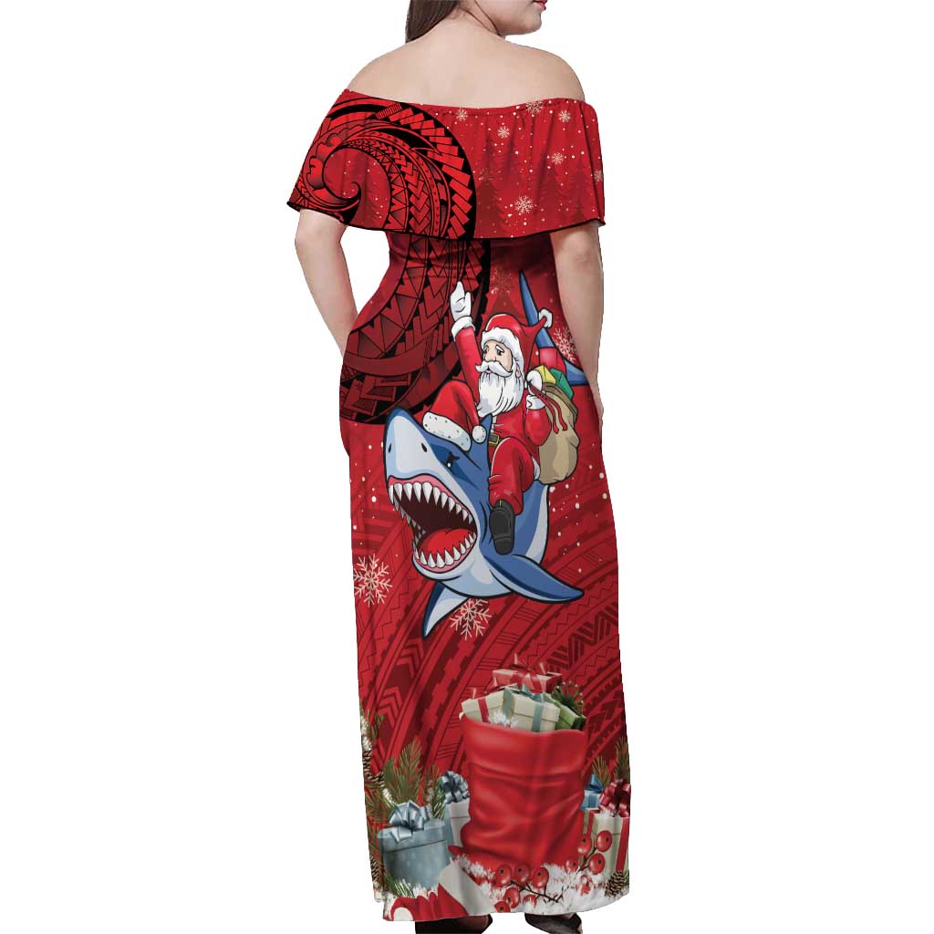 Funny Santa Riding Shark Off Shoulder Maxi Dress Polynesian Tribal Christmas Spirit LT9 - Polynesian Pride