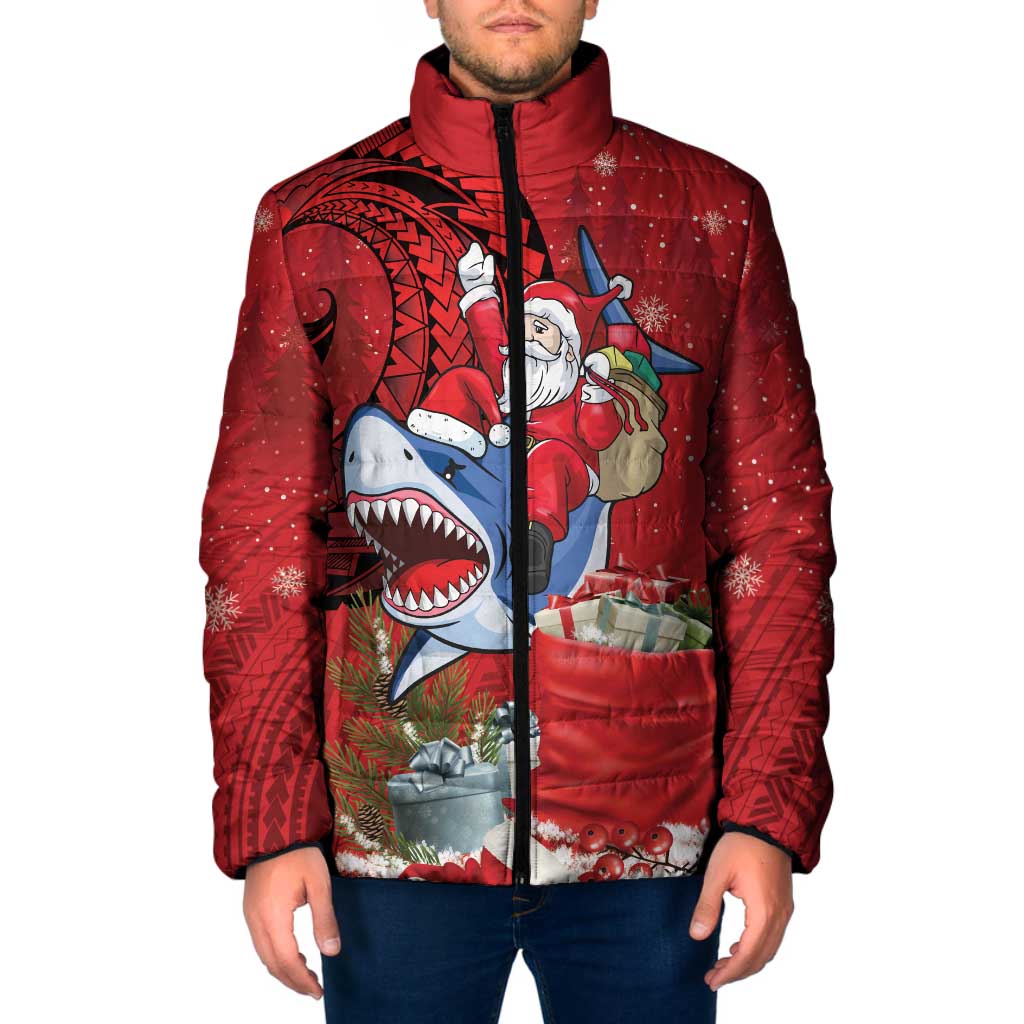Funny Santa Riding Shark Padded Jacket Polynesian Tribal Christmas Spirit LT9 Men Red - Polynesian Pride