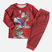 Funny Santa Riding Shark Christmas Pajama Set Polynesian Tribal Christmas Spirit LT9 Men Red - Polynesian Pride