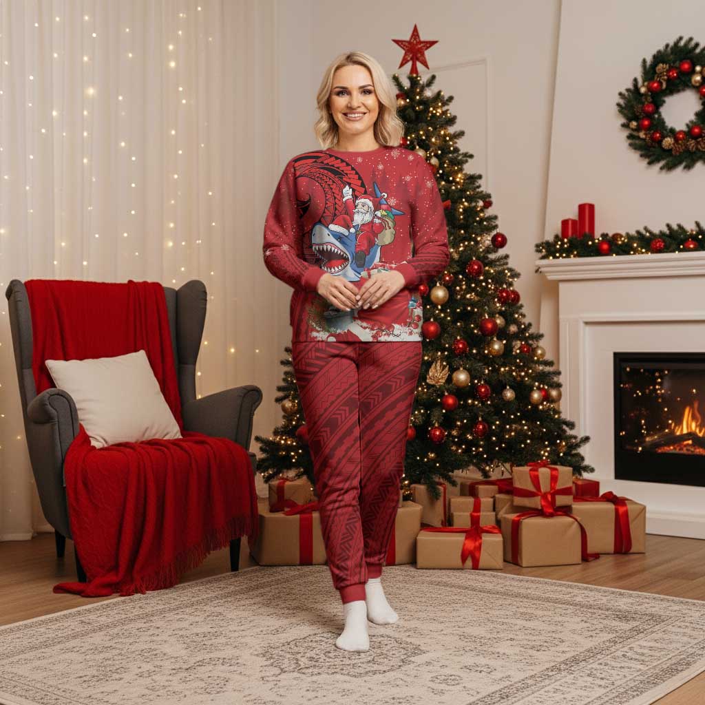 Funny Santa Riding Shark Christmas Pajama Set Polynesian Tribal Christmas Spirit LT9 Women Red - Polynesian Pride