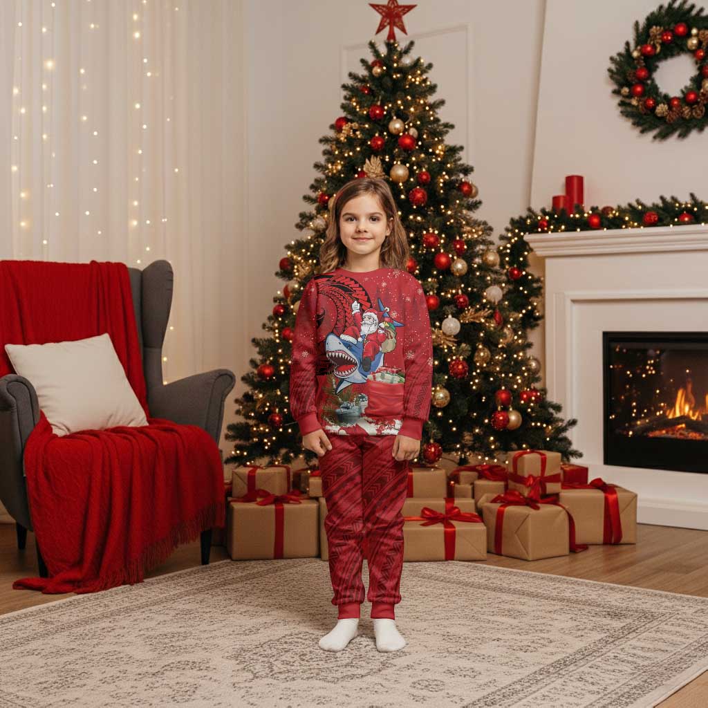 Funny Santa Riding Shark Christmas Pajama Set Polynesian Tribal Christmas Spirit LT9 Kid Red - Polynesian Pride