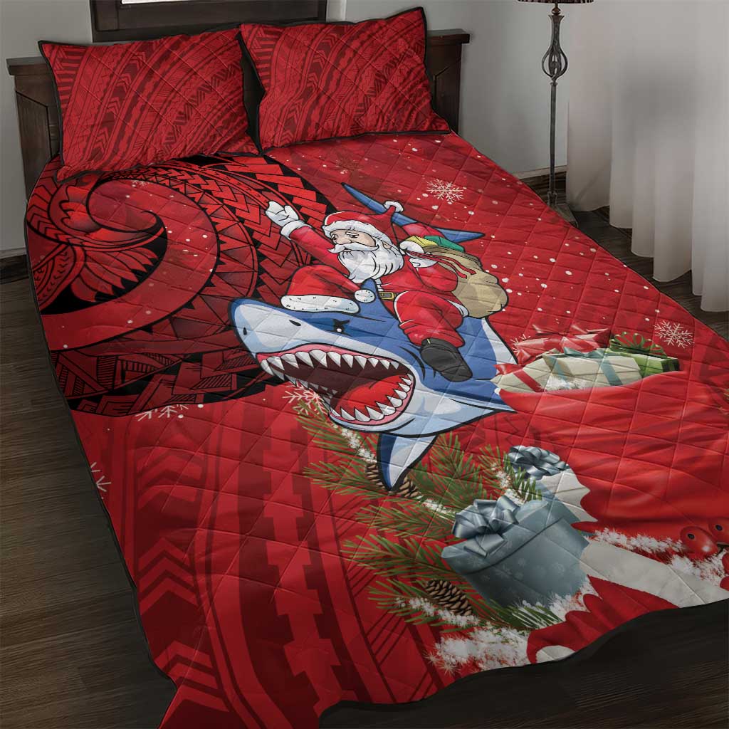 Funny Santa Riding Shark Quilt Bed Set Polynesian Tribal Christmas Spirit LT9 Red - Polynesian Pride
