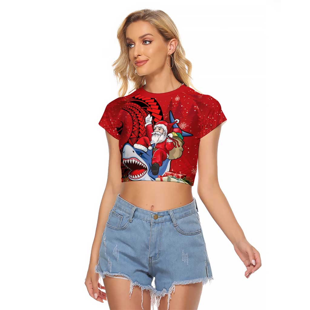 Funny Santa Riding Shark Raglan Cropped T Shirt Polynesian Tribal Christmas Spirit LT9 Female Red - Polynesian Pride