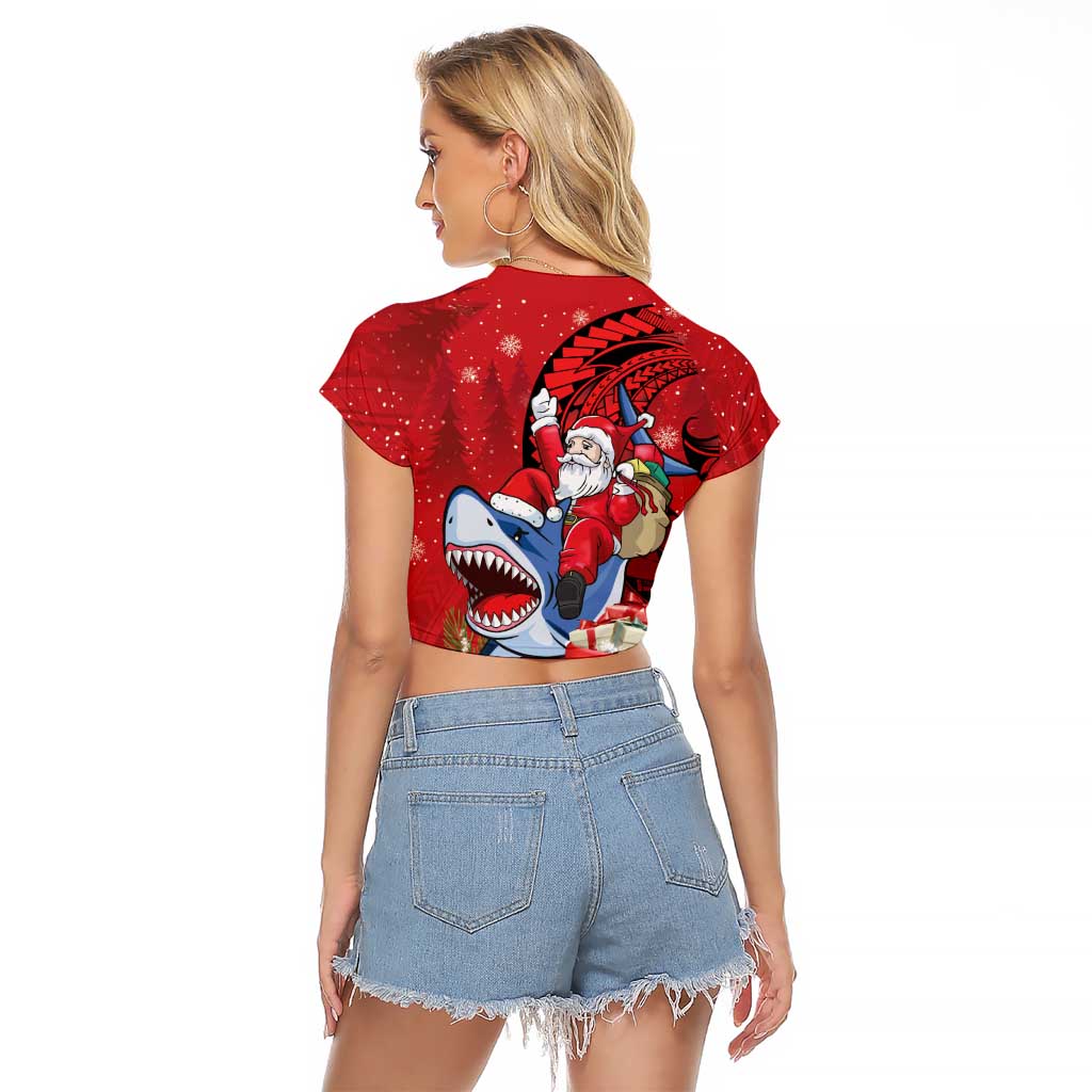 Funny Santa Riding Shark Raglan Cropped T Shirt Polynesian Tribal Christmas Spirit - Polynesian Pride