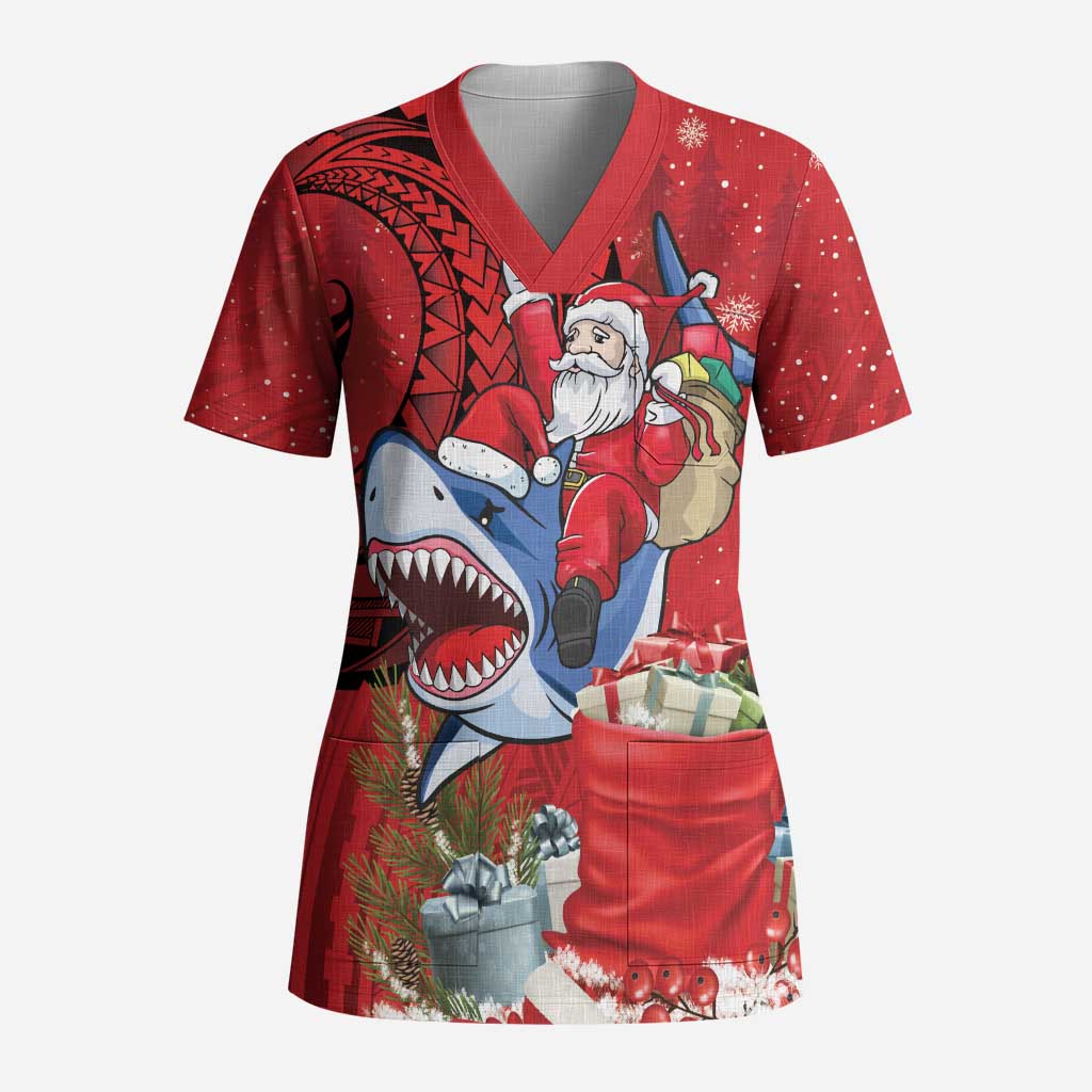 Funny Santa Riding Shark Scrub Top Polynesian Tribal Christmas Spirit LT9 Adult Red - Polynesian Pride