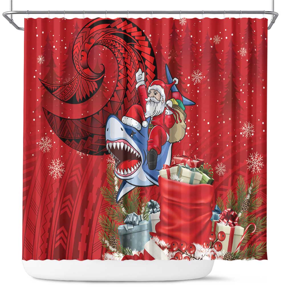 Funny Santa Riding Shark Shower Curtain Polynesian Tribal Christmas Spirit - Polynesian Pride