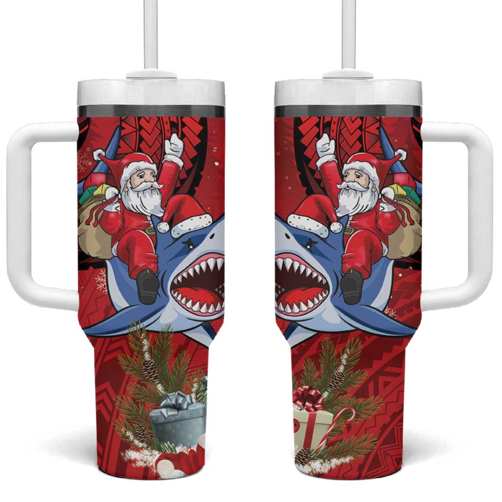 Funny Santa Riding Shark Tumbler With Handle Polynesian Tribal Christmas Spirit LT9 One Size: 40 oz Red - Polynesian Pride