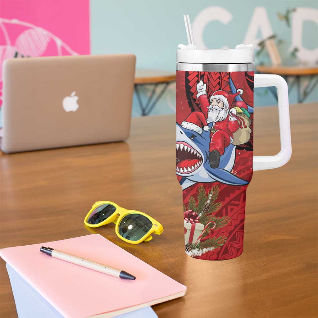 Funny Santa Riding Shark Tumbler With Handle Polynesian Tribal Christmas Spirit - Polynesian Pride