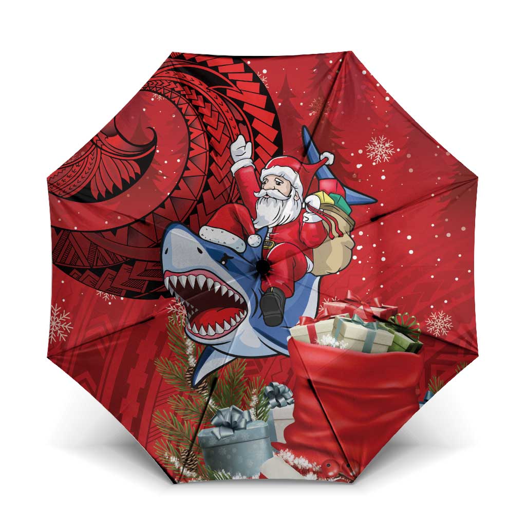 Funny Santa Riding Shark Umbrella Polynesian Tribal Christmas Spirit LT9 One Size Folded 11.42 inch Opened Diameter 37.4 inch Red - Polynesian Pride