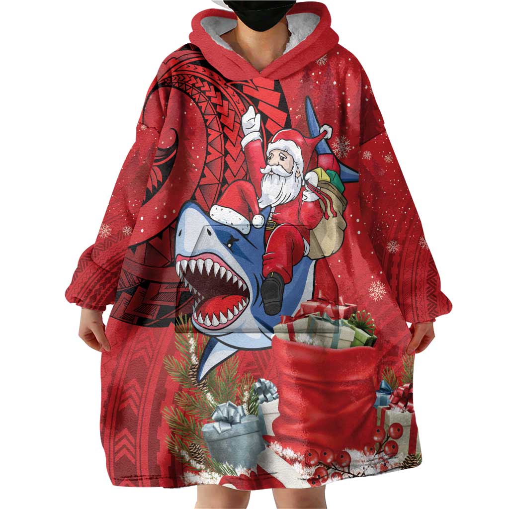 Funny Santa Riding Shark Wearable Blanket Hoodie Polynesian Tribal Christmas Spirit - Polynesian Pride