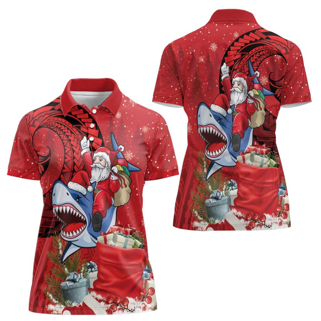 Funny Santa Riding Shark Women Polo Shirt Polynesian Tribal Christmas Spirit - Polynesian Pride