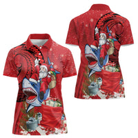 Funny Santa Riding Shark Women Polo Shirt Polynesian Tribal Christmas Spirit - Polynesian Pride