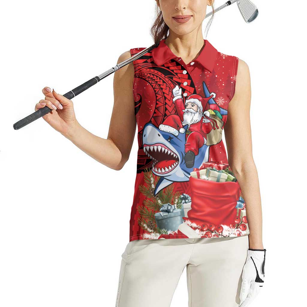 Funny Santa Riding Shark Women Sleeveless Polo Shirt Polynesian Tribal Christmas Spirit - Polynesian Pride