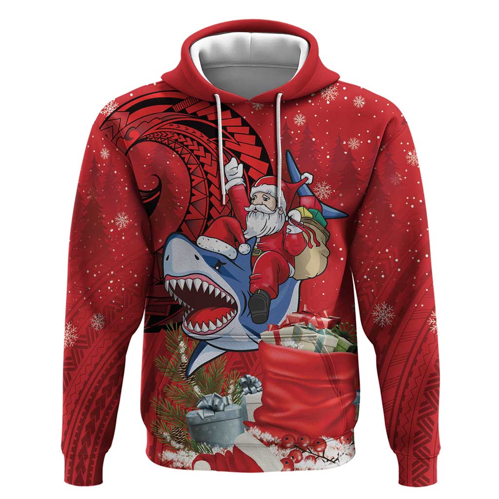 Funny Santa Riding Shark Zip Hoodie Polynesian Tribal Christmas Spirit LT9 Pullover Hoodie Red - Polynesian Pride