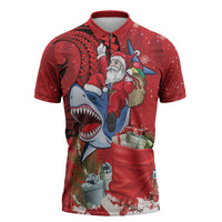 Funny Santa Riding Shark Zipper Polo Shirt Polynesian Tribal Christmas Spirit LT9 Red - Polynesian Pride