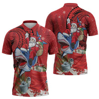 Funny Santa Riding Shark Zipper Polo Shirt Polynesian Tribal Christmas Spirit LT9 - Polynesian Pride