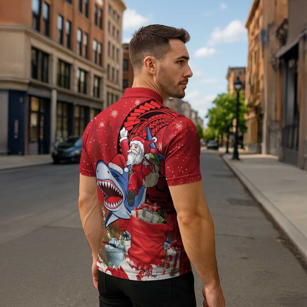 Funny Santa Riding Shark Zipper Polo Shirt Polynesian Tribal Christmas Spirit LT9 - Polynesian Pride