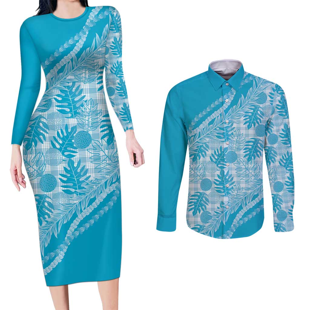 Hawaii Breadfruit Palaka Couples Matching Long Sleeve Bodycon Dress and Long Sleeve Button Shirt Polu Maile Lei - Polynesian Pride
