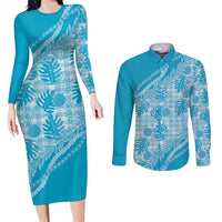 Hawaii Breadfruit Palaka Couples Matching Long Sleeve Bodycon Dress and Long Sleeve Button Shirt Polu Maile Lei - Polynesian Pride