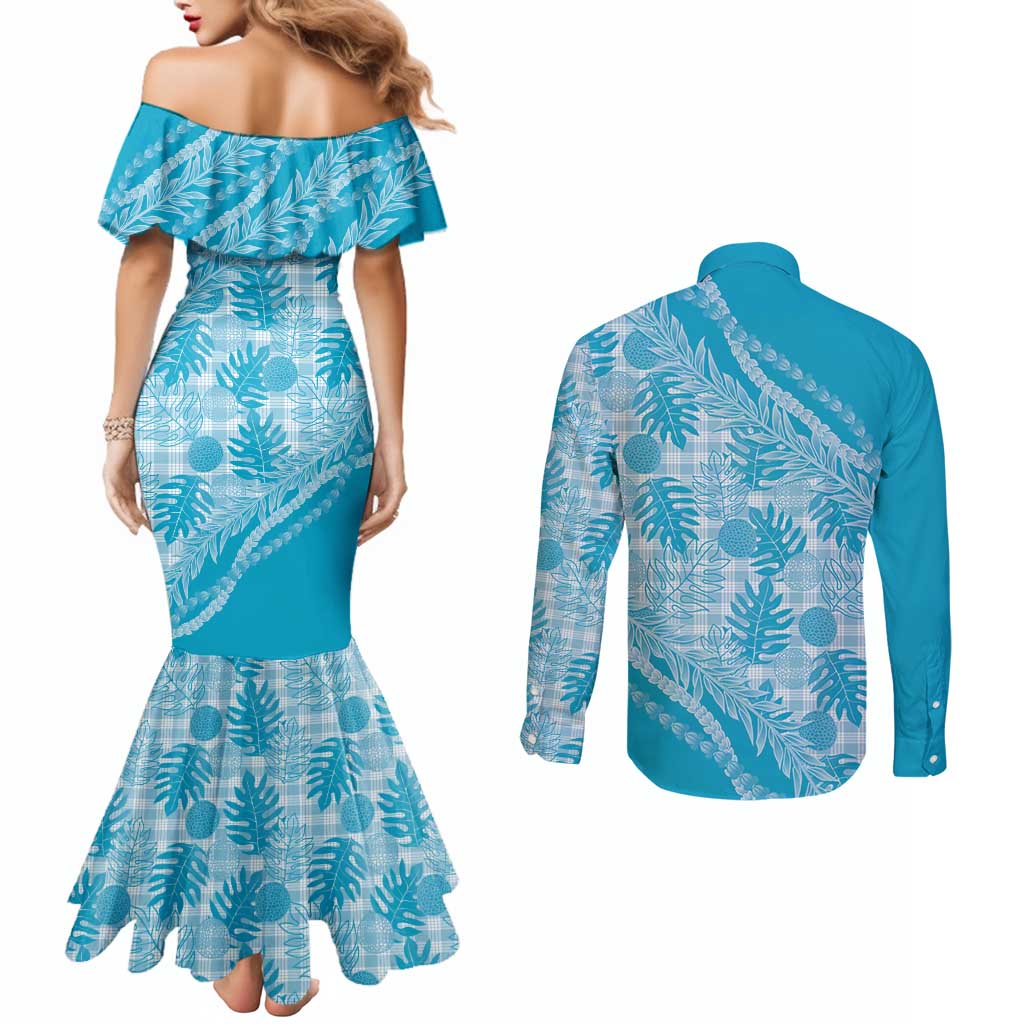 Hawaii Breadfruit Palaka Couples Matching Mermaid Dress and Long Sleeve Button Shirt Polu Maile Lei - Polynesian Pride
