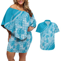 Hawaii Breadfruit Palaka Couples Matching Off Shoulder Short Dress and Hawaiian Shirt Polu Maile Lei - Polynesian Pride