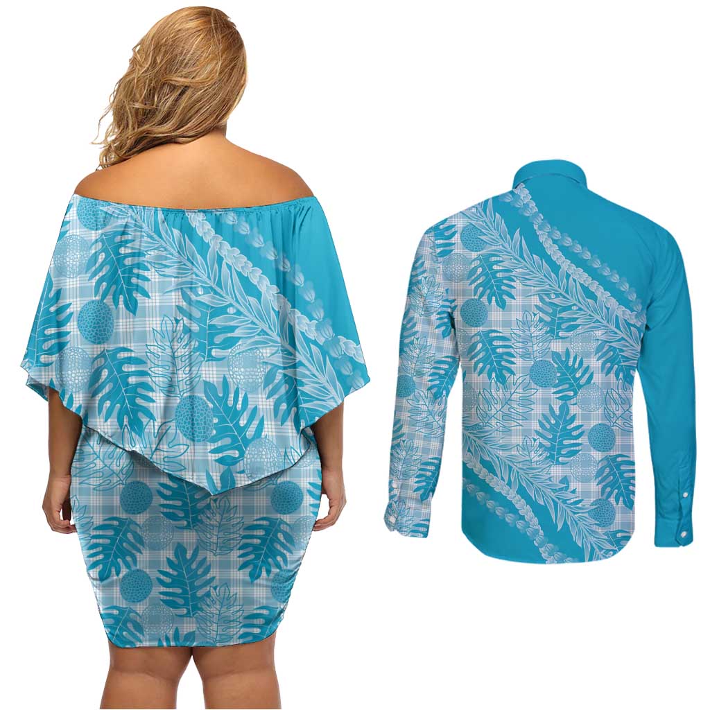 Hawaii Breadfruit Palaka Couples Matching Off Shoulder Short Dress and Long Sleeve Button Shirt Polu Maile Lei - Polynesian Pride