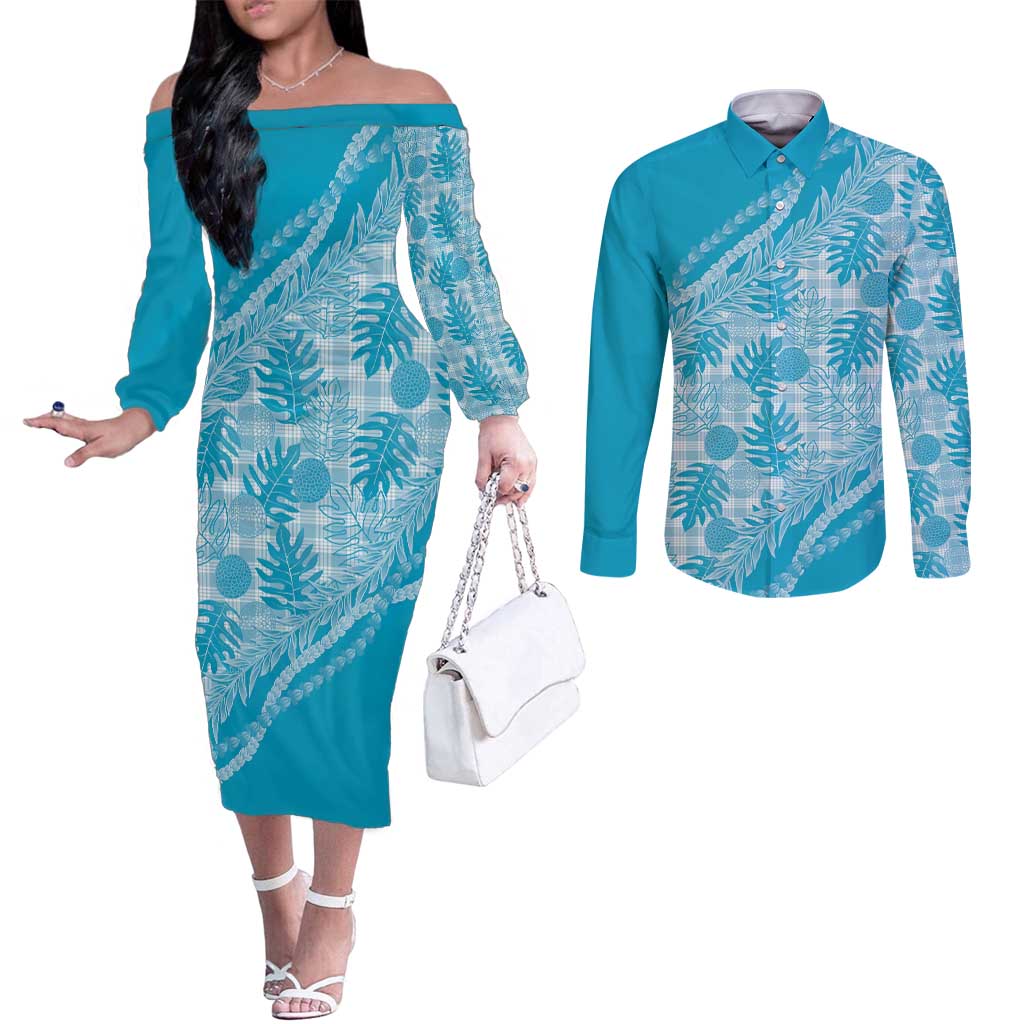 Hawaii Breadfruit Palaka Couples Matching Off The Shoulder Long Sleeve Dress and Long Sleeve Button Shirt Polu Maile Lei - Polynesian Pride