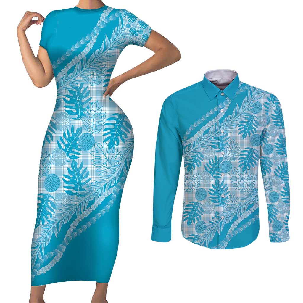 Hawaii Breadfruit Palaka Couples Matching Short Sleeve Bodycon Dress and Long Sleeve Button Shirt Polu Maile Lei - Polynesian Pride