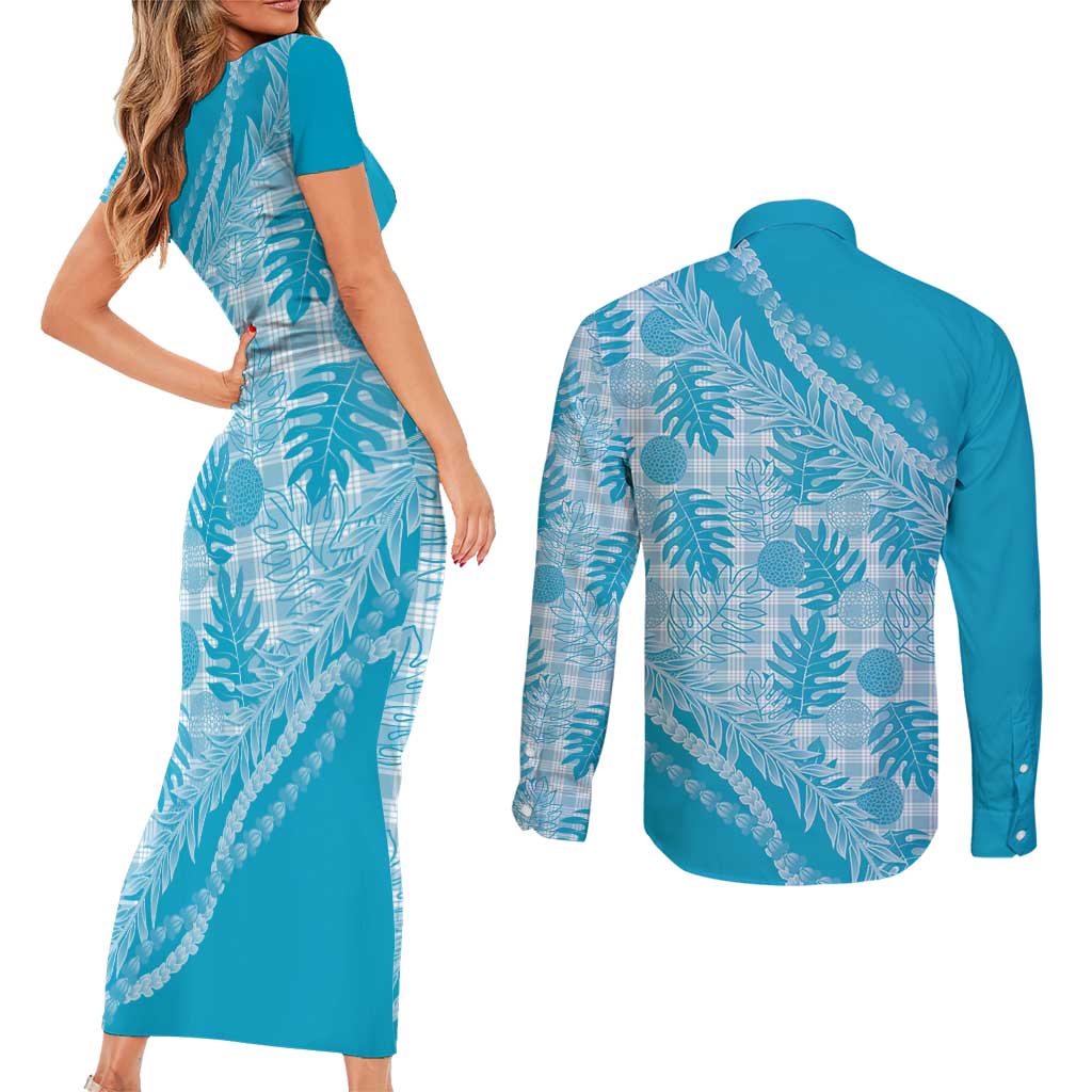 Hawaii Breadfruit Palaka Couples Matching Short Sleeve Bodycon Dress and Long Sleeve Button Shirt Polu Maile Lei - Polynesian Pride