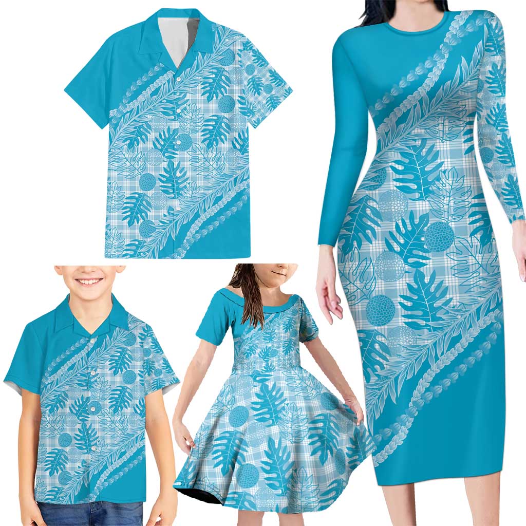 Hawaii Breadfruit Palaka Family Matching Long Sleeve Bodycon Dress and Hawaiian Shirt Polu Maile Lei - Polynesian Pride