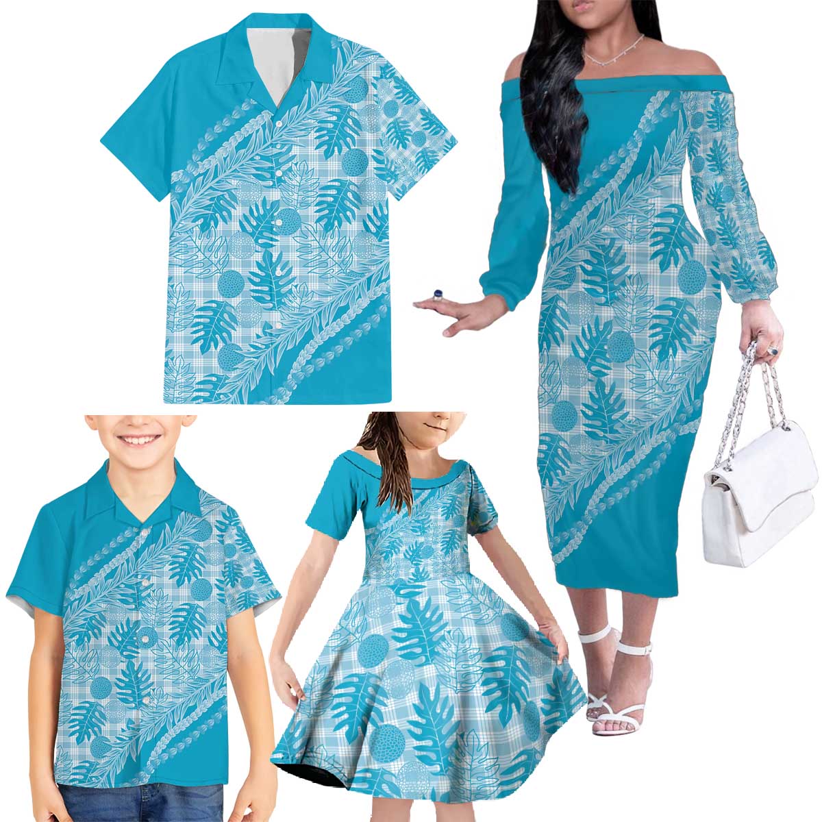 Hawaii Breadfruit Palaka Family Matching Off The Shoulder Long Sleeve Dress and Hawaiian Shirt Polu Maile Lei - Polynesian Pride
