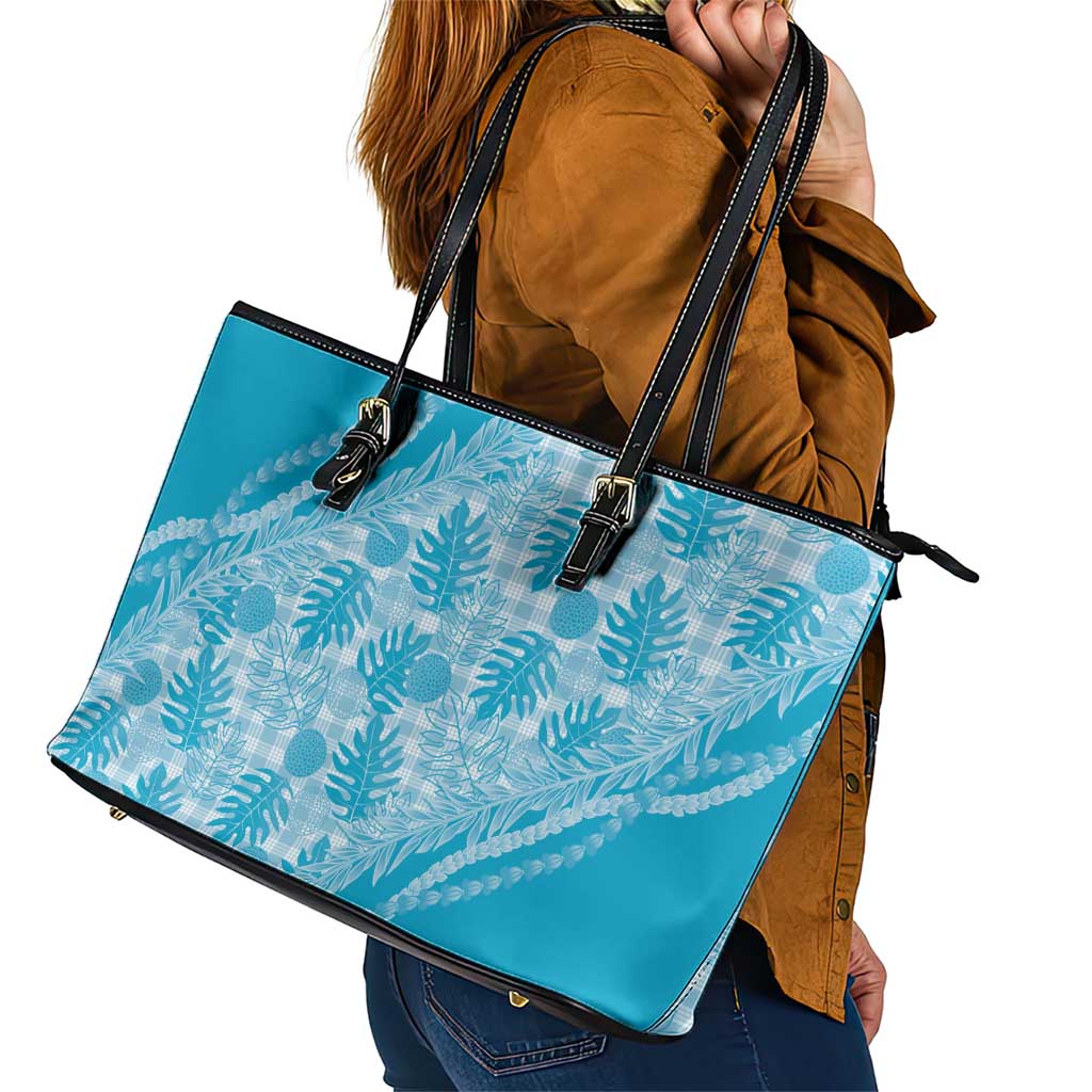 Hawaii Breadfruit Palaka Leather Tote Bag Polu Maile Lei - Polynesian Pride