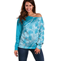 Hawaii Breadfruit Palaka Off Shoulder Sweater Polu Maile Lei LT9 Women Blue - Polynesian Pride