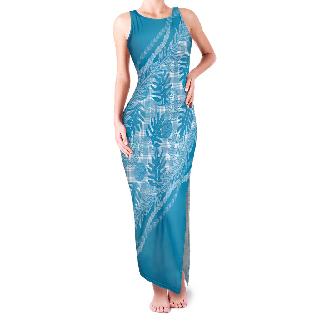 Hawaii Breadfruit Palaka Tank Maxi Dress Polu Maile Lei LT9 Women Blue - Polynesian Pride