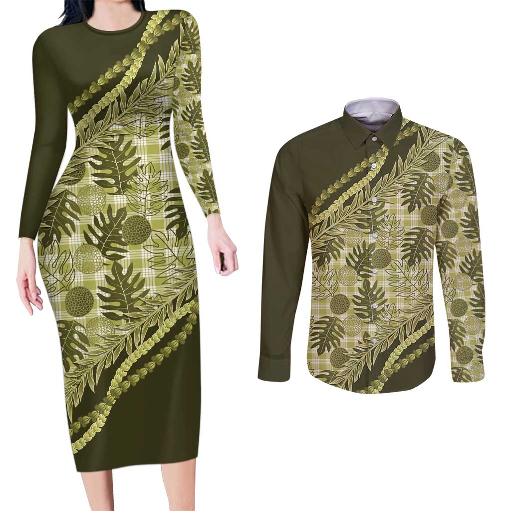 Hawaii Breadfruit Palaka Couples Matching Long Sleeve Bodycon Dress and Long Sleeve Button Shirt Omaomao Maile Lei - Polynesian Pride