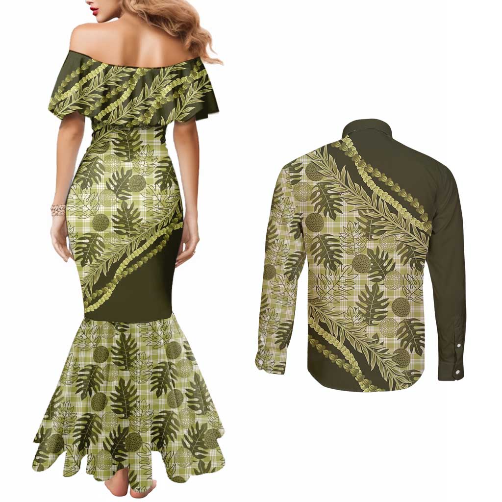 Hawaii Breadfruit Palaka Couples Matching Mermaid Dress and Long Sleeve Button Shirt Omaomao Maile Lei - Polynesian Pride