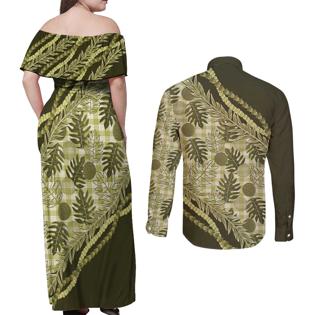 Hawaii Breadfruit Palaka Couples Matching Off Shoulder Maxi Dress and Long Sleeve Button Shirt Omaomao Maile Lei - Polynesian Pride