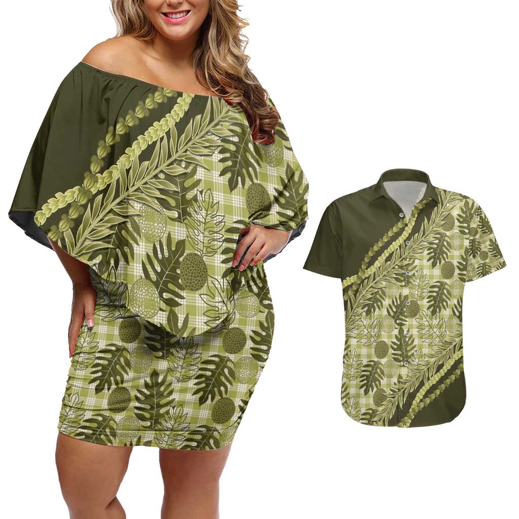 Hawaii Breadfruit Palaka Couples Matching Off Shoulder Short Dress and Hawaiian Shirt Omaomao Maile Lei - Polynesian Pride