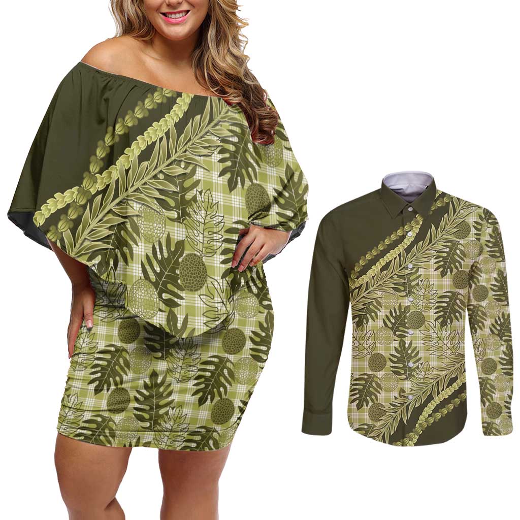 Hawaii Breadfruit Palaka Couples Matching Off Shoulder Short Dress and Long Sleeve Button Shirt Omaomao Maile Lei - Polynesian Pride