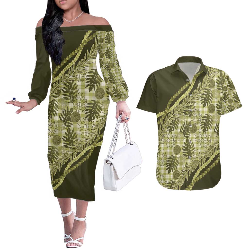 Hawaii Breadfruit Palaka Couples Matching Off The Shoulder Long Sleeve Dress and Hawaiian Shirt Omaomao Maile Lei - Polynesian Pride