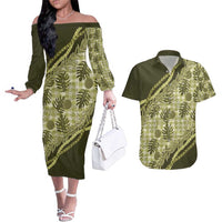 Hawaii Breadfruit Palaka Couples Matching Off The Shoulder Long Sleeve Dress and Hawaiian Shirt Omaomao Maile Lei - Polynesian Pride