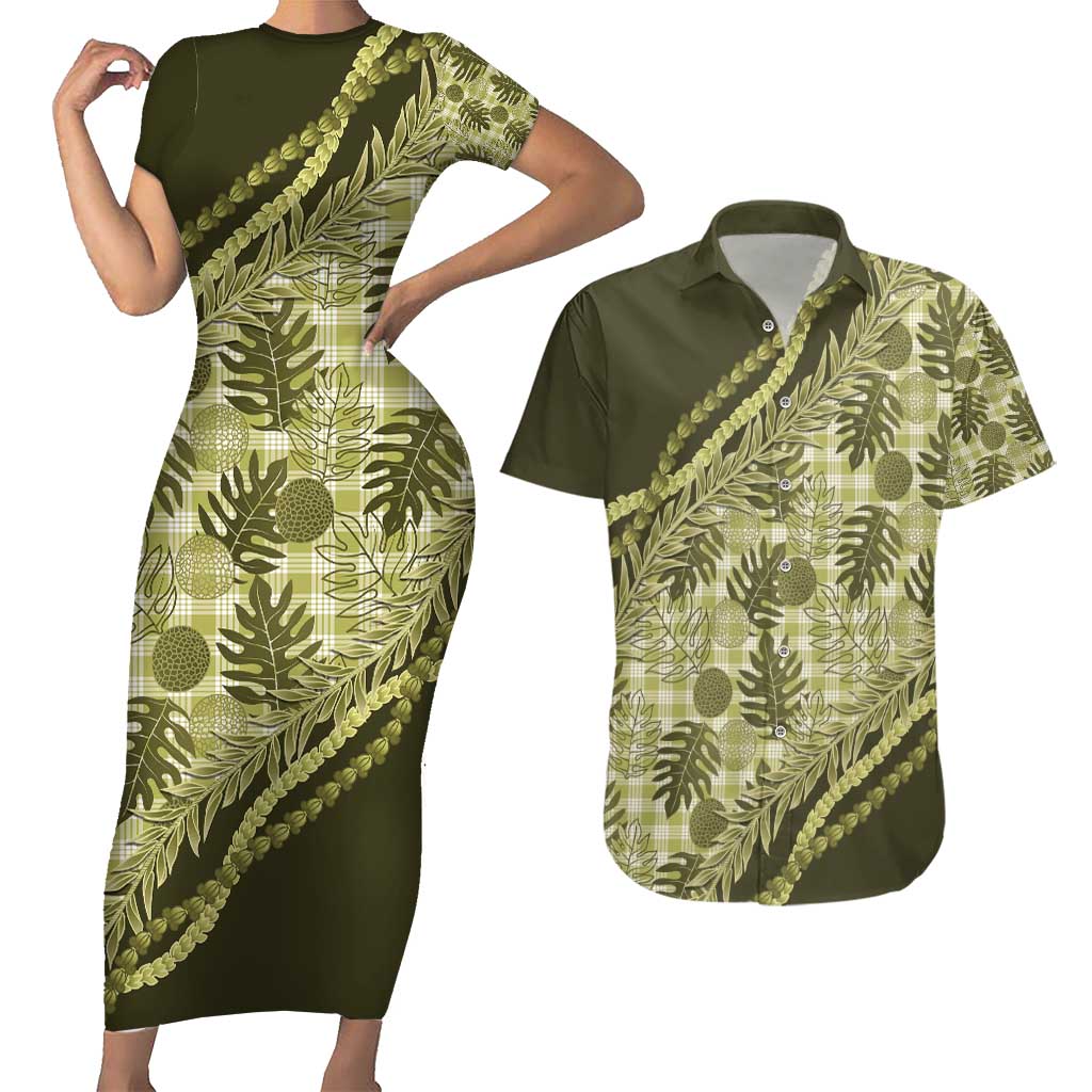 Hawaii Breadfruit Palaka Couples Matching Short Sleeve Bodycon Dress and Hawaiian Shirt Omaomao Maile Lei - Polynesian Pride