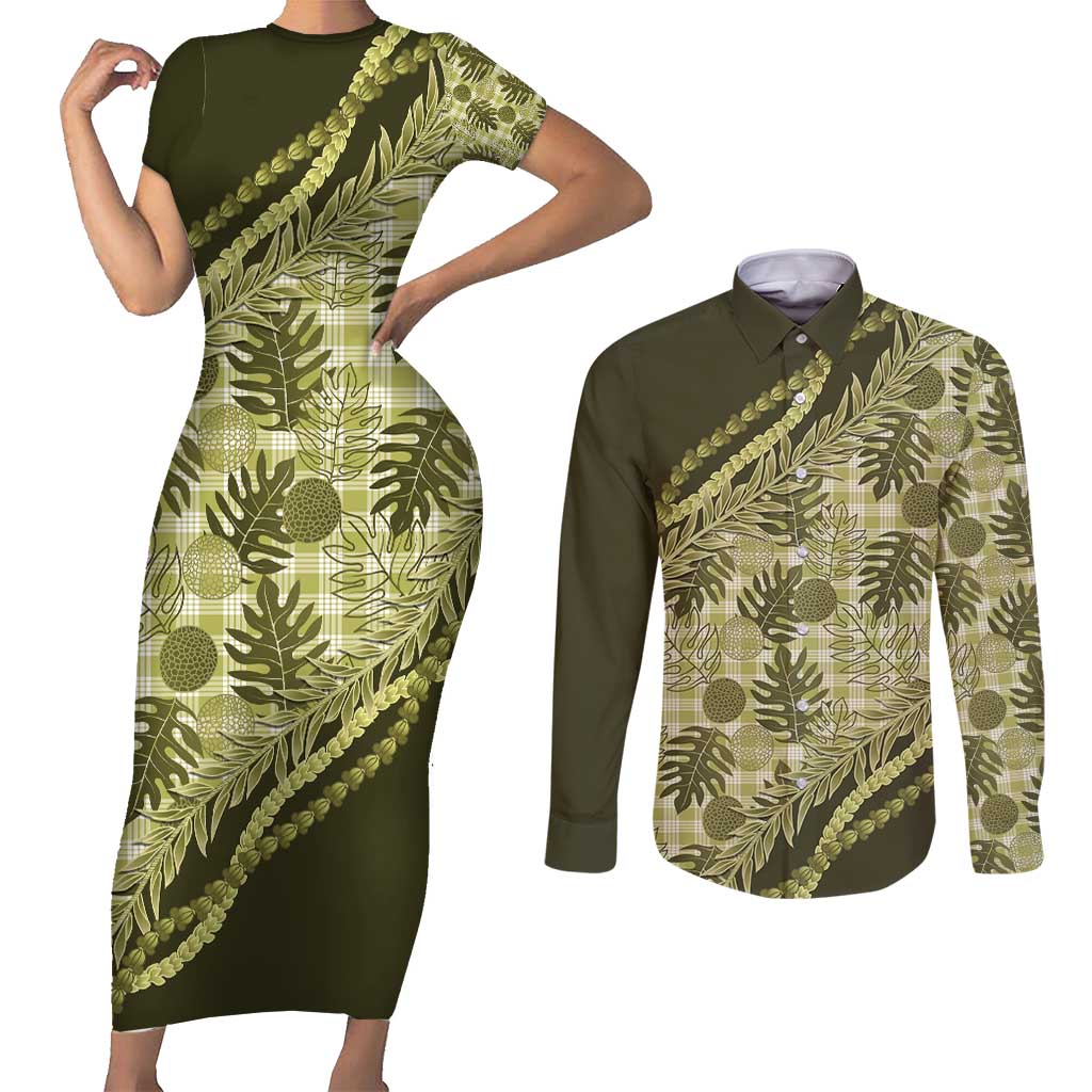 Hawaii Breadfruit Palaka Couples Matching Short Sleeve Bodycon Dress and Long Sleeve Button Shirt Omaomao Maile Lei - Polynesian Pride