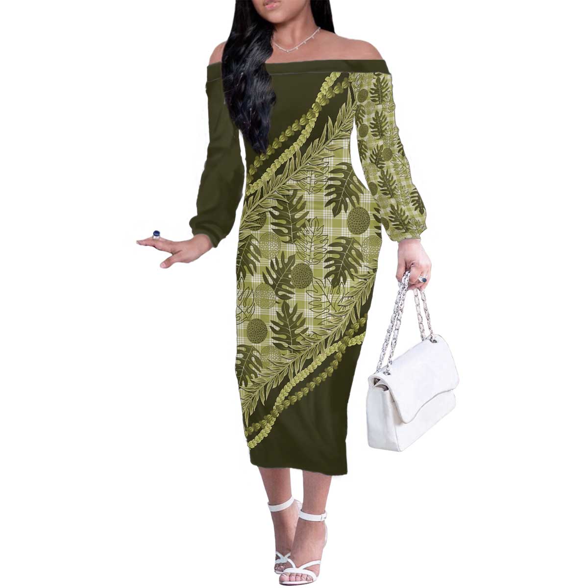 Hawaii Breadfruit Palaka Family Matching Off The Shoulder Long Sleeve Dress and Hawaiian Shirt Omaomao Maile Lei - Polynesian Pride