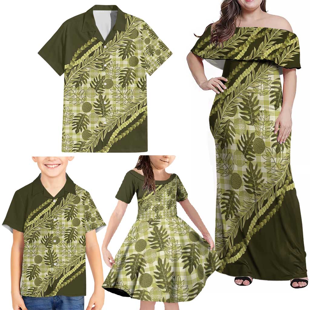 Hawaii Breadfruit Palaka Family Matching Off Shoulder Maxi Dress and Hawaiian Shirt Omaomao Maile Lei - Polynesian Pride