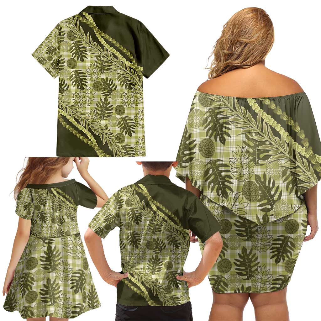 Hawaii Breadfruit Palaka Family Matching Off Shoulder Short Dress and Hawaiian Shirt Omaomao Maile Lei - Polynesian Pride