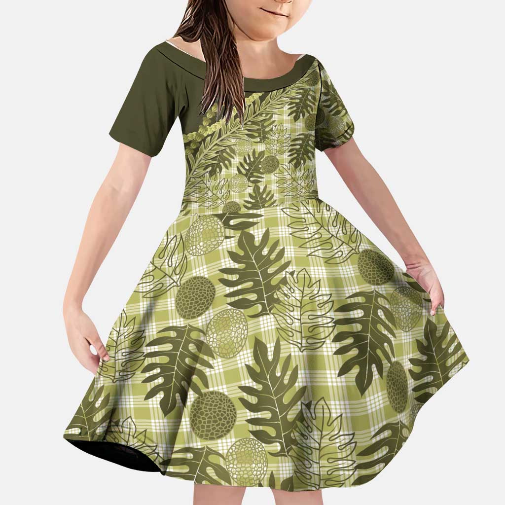 Hawaii Breadfruit Palaka Family Matching Puletasi and Hawaiian Shirt Omaomao Maile Lei LT9 Daughter's Dress Green - Polynesian Pride