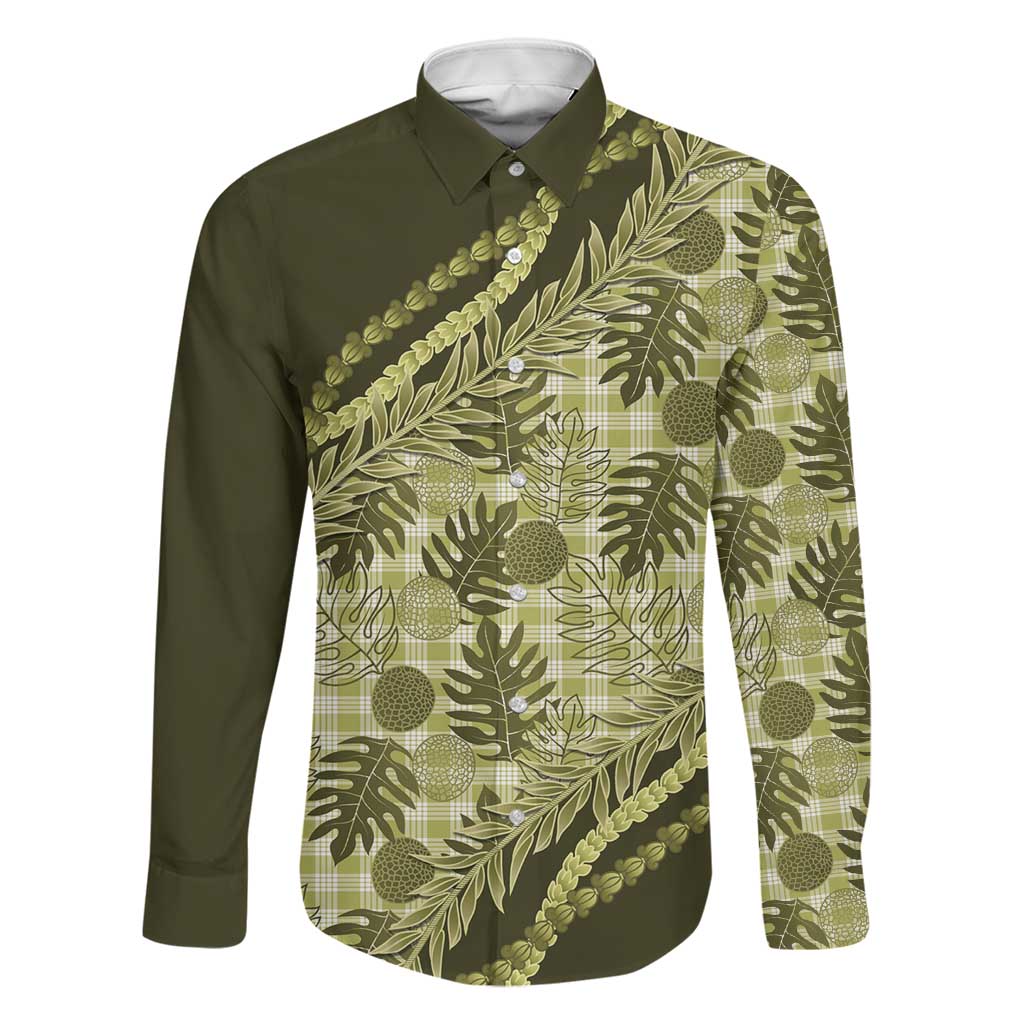Hawaii Breadfruit Palaka Family Matching Puletasi and Hawaiian Shirt Omaomao Maile Lei LT9 Dad's Shirt - Long Sleeve Green - Polynesian Pride
